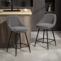 HOMCOM Barhocker 2er Set Tresenhocker Barstuhl mit Fußstütze, Rückenlehne, Kord-Optik, Sitzhöhe 65 cm Küchenstühle mit Stahlgestell Sessel für Küche, Esszimmer Grau