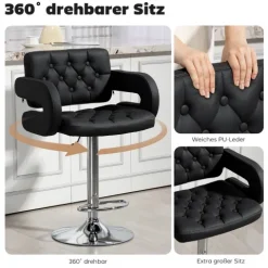 HOMCOM Barhocker, Gepolstert Barstuhl mit Metallgestell, Lehne, Höhenverstellbar Küchenstuhl mit Fußstütze 360° Drehbar Tresenhocker für Küche, Wohnzimmer, Esszimmer Schwarz