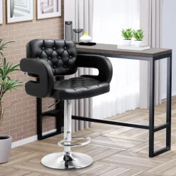 HOMCOM Barhocker, Gepolstert Barstuhl mit Metallgestell, Lehne, Höhenverstellbar Küchenstuhl mit Fußstütze 360° Drehbar Tresenhocker für Küche, Wohnzimmer, Esszimmer Schwarz