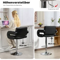 HOMCOM Barhocker, Gepolstert Barstuhl mit Metallgestell, Lehne, Höhenverstellbar Küchenstuhl mit Fußstütze 360° Drehbar Tresenhocker für Küche, Wohnzimmer, Esszimmer Schwarz
