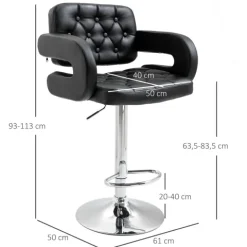 HOMCOM Barhocker, Gepolstert Barstuhl mit Metallgestell, Lehne, Höhenverstellbar Küchenstuhl mit Fußstütze 360° Drehbar Tresenhocker für Küche, Wohnzimmer, Esszimmer Schwarz
