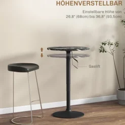 HOMCOM Bartisch Stehtisch Runder Esstisch für 2 Personen, Küchentisch mit Marmoroptik für Wohnzimmer, Esszimmer, kleine Räume, Schwarz, Ø60 x 68-93,5cm