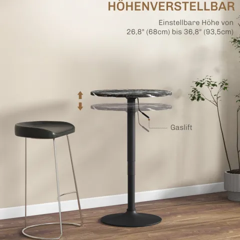 HOMCOM Bartisch Stehtisch Runder Esstisch für 2 Personen, Küchentisch mit Marmoroptik für Wohnzimmer, Esszimmer, kleine Räume, Schwarz, Ø60 x 68-93,5cm