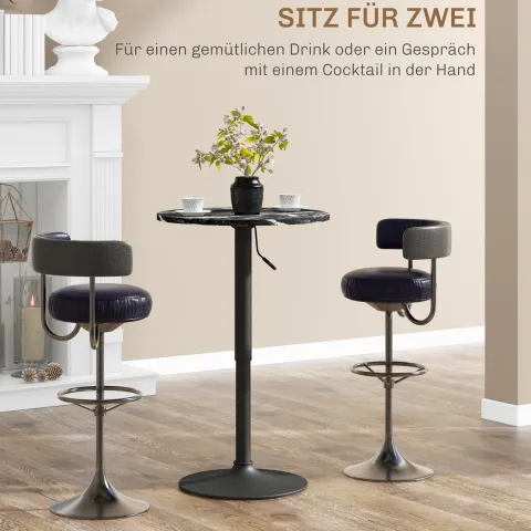 HOMCOM Bartisch Stehtisch Runder Esstisch für 2 Personen, Küchentisch mit Marmoroptik für Wohnzimmer, Esszimmer, kleine Räume, Schwarz, Ø60 x 68-93,5cm