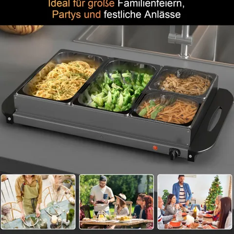 HOMCOM Buffetwärmer 6,8L Warmhalteplatte 300 Watt Edelstahl Speisewärmer mit Einstellbarer Thermostat Chafing Dish für Partys Buffets Familienessen