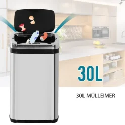 HOMCOM Edelstahl Automatik Sensor Mülleimer Abfalleimer IR Sensor mit/ohne Inneneimer rund viereckig (30L/viereckig)