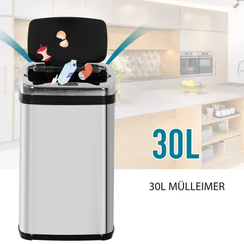 HOMCOM Edelstahl Automatik Sensor Mülleimer Abfalleimer IR Sensor mit/ohne Inneneimer rund viereckig (30L/viereckig)