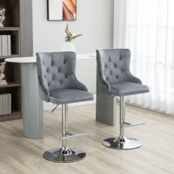HOMCOM 2er Set Barhocker Barstühle Drehstühle mit Fußstütze, höhenverstellbare Wohnzimmerstühle mit Samt-Optik, für Bartheke, Küche, Hellgrau, 46 x 55 x 102-123 cm