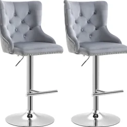 HOMCOM 2er Set Barhocker Barstühle Drehstühle mit Fußstütze, höhenverstellbare Wohnzimmerstühle mit Samt-Optik, für Bartheke, Küche, Hellgrau, 46 x 55 x 102-123 cm