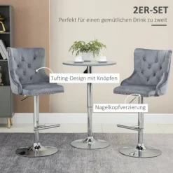 HOMCOM 2er Set Barhocker Barstühle Drehstühle mit Fußstütze, höhenverstellbare Wohnzimmerstühle mit Samt-Optik, für Bartheke, Küche, Hellgrau, 46 x 55 x 102-123 cm