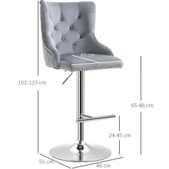 HOMCOM 2er Set Barhocker Barstühle Drehstühle mit Fußstütze, höhenverstellbare Wohnzimmerstühle mit Samt-Optik, für Bartheke, Küche, Hellgrau, 46 x 55 x 102-123 cm