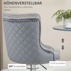 HOMCOM 2er Set Barhocker Barstühle Drehstühle mit Fußstütze, höhenverstellbare Wohnzimmerstühle mit Samt-Optik, für Bartheke, Küche, Hellgrau, 46 x 55 x 102-123 cm
