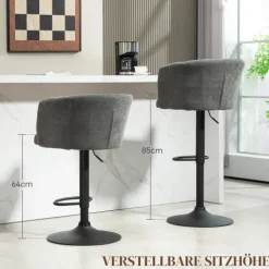 HOMCOM 2er-Set Barhocker, Bistrohocker mit Fußstütze, Drehbar Barstuhl, Höhenverstellbar Küchenhocker mit Leinenbezug, für Wohnzimmer, Esszimmer, Dunkelgrau