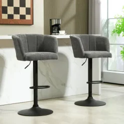 HOMCOM 2er-Set Barhocker, Bistrohocker mit Fußstütze, Drehbar Barstuhl, Höhenverstellbar Küchenhocker mit Leinenbezug, für Wohnzimmer, Esszimmer, Dunkelgrau
