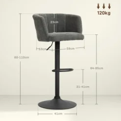 HOMCOM 2er-Set Barhocker, Bistrohocker mit Fußstütze, Drehbar Barstuhl, Höhenverstellbar Küchenhocker mit Leinenbezug, für Wohnzimmer, Esszimmer, Dunkelgrau