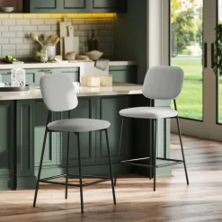 HOMCOM 2er-Set Barhocker, Bistrohocker mit Fußstütze, Barstuhl, Samt-Bezug, Küchenstuhl, Tresenhocker-Set mit Stahlbeinen für Wohnzimmer, Esszimmer, Hellgrau, 45 x 49 x 102 cm