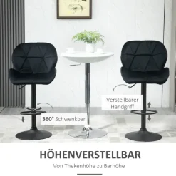 HOMCOM 2er-Set Barhocker drehbare Barstühle mit Lehne höhenverstellbarer Bistrohocker Tresenhocker Samt Touch armloser Schaumstoff Schwarz 51,5x 57,5 x 93-114,5 cm