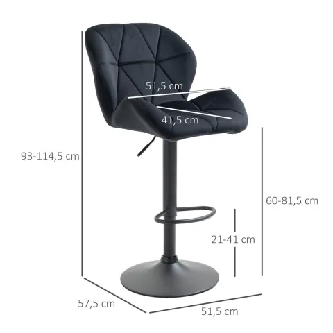 HOMCOM 2er-Set Barhocker drehbare Barstühle mit Lehne höhenverstellbarer Bistrohocker Tresenhocker Samt Touch armloser Schaumstoff Schwarz 51,5x 57,5 x 93-114,5 cm