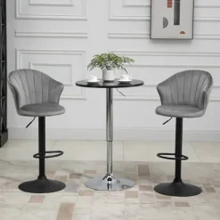 HOMCOM 2er-Set Barhocker drehbare Barstühle mit Lehne Samt Touch Bistrohocker höhenverstellbarer Tresenhocker armloser Schaumstoff Grau 54 x 56 x 91-111 cm