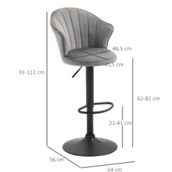 HOMCOM 2er-Set Barhocker drehbare Barstühle mit Lehne Samt Touch Bistrohocker höhenverstellbarer Tresenhocker armloser Schaumstoff Grau 54 x 56 x 91-111 cm
