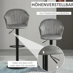 HOMCOM 2er-Set Barhocker drehbare Barstühle mit Lehne Samt Touch Bistrohocker höhenverstellbarer Tresenhocker armloser Schaumstoff Grau 54 x 56 x 91-111 cm