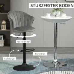 HOMCOM 2er-Set Barhocker drehbare Barstühle mit Lehne Samt Touch Bistrohocker höhenverstellbarer Tresenhocker armloser Schaumstoff Grau 54 x 56 x 91-111 cm