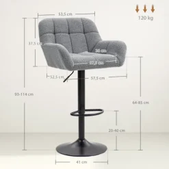 HOMCOM 2er-Set Barhocker Höhenverstellbar mit 360° Drehfunktion Barstuhl Küchenstühle Bistrohocker mit Fleece-Optik, Lehne und Fußstütze für Küche, Bartheke, Esszimmer 57,5 x 52,5 x 93-114 cm Grau