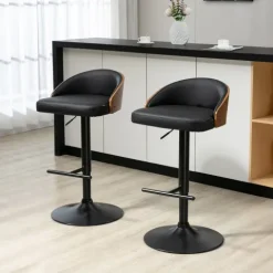 HOMCOM 2er-Set Barhocker mit Fußstütze drehbare Barstühle Barstuhl höhenverstellbar Drehstühle Küchenstühle Kunstleder Holz Schwarz+Kaffee 48 x 49,5 x 76-96 cm