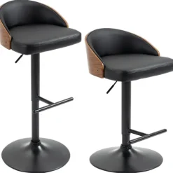 HOMCOM 2er-Set Barhocker mit Fußstütze drehbare Barstühle Barstuhl höhenverstellbar Drehstühle Küchenstühle Kunstleder Holz Schwarz+Kaffee 48 x 49,5 x 76-96 cm