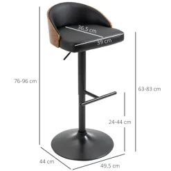 HOMCOM 2er-Set Barhocker mit Fußstütze drehbare Barstühle Barstuhl höhenverstellbar Drehstühle Küchenstühle Kunstleder Holz Schwarz+Kaffee 48 x 49,5 x 76-96 cm