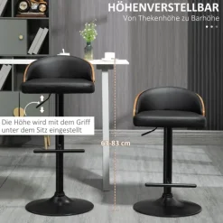 HOMCOM 2er-Set Barhocker mit Fußstütze drehbare Barstühle Barstuhl höhenverstellbar Drehstühle Küchenstühle Kunstleder Holz Schwarz+Kaffee 48 x 49,5 x 76-96 cm
