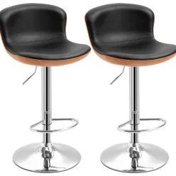 HOMCOM 2er-Set Barhocker mit Fußstütze, Barstuhl mit Rückenlehne, Bistrohocker, Esszimmerstuhl höhenverstellbar drehbar, Kunstleder, Schwarz, 46 x 53,5 x 85-106 cm