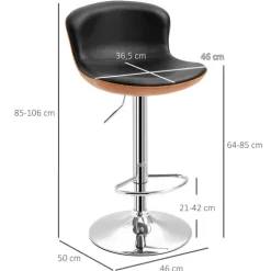 HOMCOM 2er-Set Barhocker mit Fußstütze, Barstuhl mit Rückenlehne, Bistrohocker, Esszimmerstuhl höhenverstellbar drehbar, Kunstleder, Schwarz, 46 x 53,5 x 85-106 cm