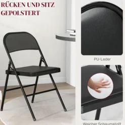 HOMCOM 4er-Set Klappstühle, Tragbare Bürostuhl mit Kissen, Stahlbeine, Faltstuhl für Büro Empfang Wartezimmer, Kunstleder, Schwarz