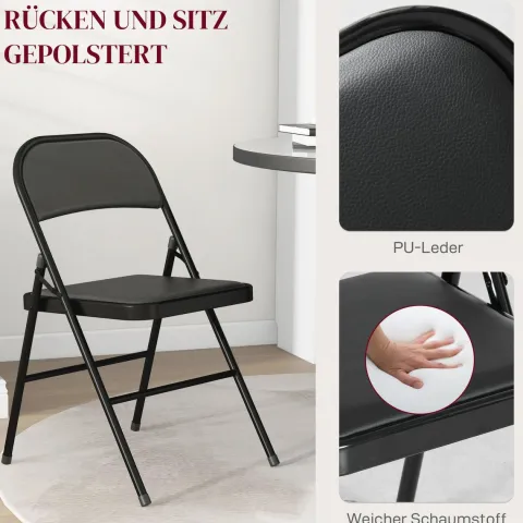 HOMCOM 4er-Set Klappstühle, Tragbare Bürostuhl mit Kissen, Stahlbeine, Faltstuhl für Büro Empfang Wartezimmer, Kunstleder, Schwarz