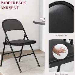 HOMCOM 2er-Set Klappstühle, Tragbare Bürostuhl mit Kissen, Stahlbeine, Faltstuhl für Büro Empfang Wartezimmer, Kunstleder, Schwarz