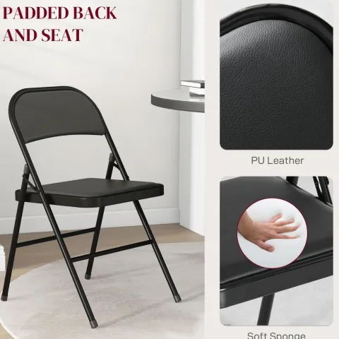 HOMCOM 2er-Set Klappstühle, Tragbare Bürostuhl mit Kissen, Stahlbeine, Faltstuhl für Büro Empfang Wartezimmer, Kunstleder, Schwarz