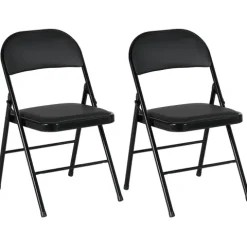HOMCOM 2er-Set Klappstühle, Tragbare Bürostuhl mit Kissen, Stahlbeine, Faltstuhl für Büro Empfang Wartezimmer, Kunstleder, Schwarz