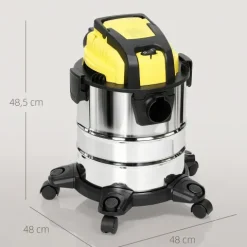 HOMCOM 3-in-1 Nass-Trockensauger 1200 W Staubsauger mit 20L Edelstahlbehälter Ø32mm Schlauchsystem Blasfunktion Dreifaches Filtersystem Rollen, Bodenstaubsauger Silber+Gelb