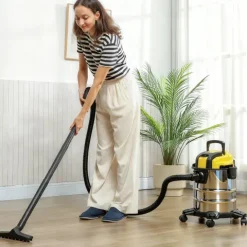 HOMCOM 3-in-1 Nass-Trockensauger 1200 W Staubsauger mit 20L Edelstahlbehälter Ø32mm Schlauchsystem Blasfunktion Dreifaches Filtersystem Rollen, Bodenstaubsauger Silber+Gelb