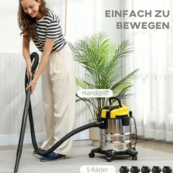 HOMCOM 3-in-1 Nass-Trockensauger 1200 W Staubsauger mit 20L Edelstahlbehälter Ø32mm Schlauchsystem Blasfunktion Dreifaches Filtersystem Rollen, Bodenstaubsauger Silber+Gelb