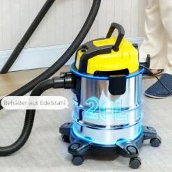 HOMCOM 3-in-1 Nass-Trockensauger 1200 W Staubsauger mit 20L Edelstahlbehälter Ø32mm Schlauchsystem Blasfunktion Dreifaches Filtersystem Rollen, Bodenstaubsauger Silber+Gelb