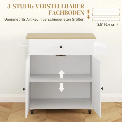 HOMCOM Kücheninsel Küchenwagen auf Rollen mit Klappbar Arbeitsplatte, Schublade, Küchenschrank Rollbar mit Einlegeboden, Handtuchstange, Gewürzregal, Servierwagen Weiß