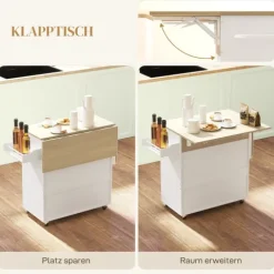 HOMCOM Kücheninsel Küchenwagen auf Rollen mit Klappbar Arbeitsplatte, Schublade, Küchenschrank Rollbar mit Einlegeboden, Handtuchstange, Gewürzregal, Servierwagen Weiß