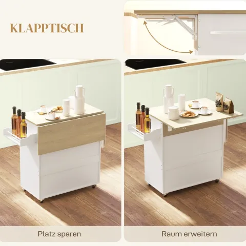 HOMCOM Kücheninsel Küchenwagen auf Rollen mit Klappbar Arbeitsplatte, Schublade, Küchenschrank Rollbar mit Einlegeboden, Handtuchstange, Gewürzregal, Servierwagen Weiß