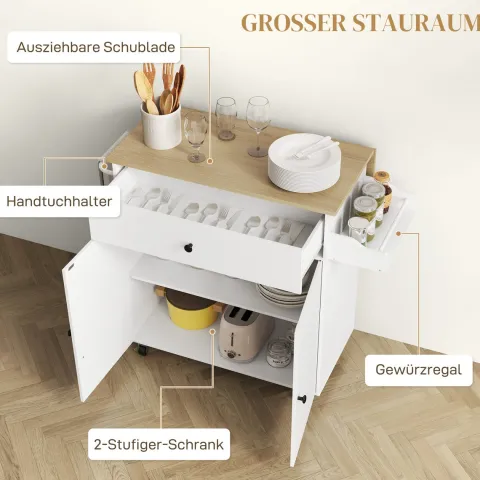 HOMCOM Kücheninsel Küchenwagen auf Rollen mit Klappbar Arbeitsplatte, Schublade, Küchenschrank Rollbar mit Einlegeboden, Handtuchstange, Gewürzregal, Servierwagen Weiß