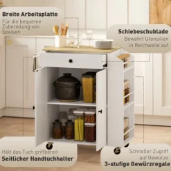 HOMCOM Kücheninsel Küchenwagen auf Rollen mit Arbeitsplatte, Schublade, Küchenschrank rollbar mit Einlegeboden, Gewürzregal, Handtuchstange, Servierwagen Küchentrolley Weiß