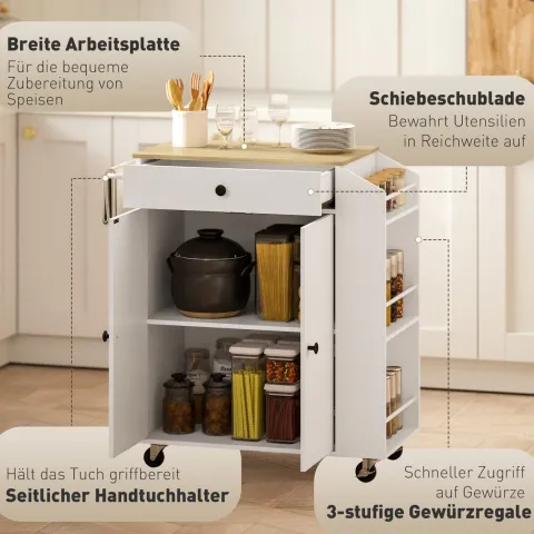 HOMCOM Kücheninsel Küchenwagen auf Rollen mit Arbeitsplatte, Schublade, Küchenschrank rollbar mit Einlegeboden, Gewürzregal, Handtuchstange, Servierwagen Küchentrolley Weiß