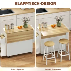 HOMCOM Kücheninsel Küchenwagen auf Rollen mit abklappbarer Arbeitsplatte, Küchenschrank mit Schublade Gewürzregal Ablage Handtuchhalter, Servierwagen Rollwagen für Küche und Esszimmer 120x68x85cm Weiß