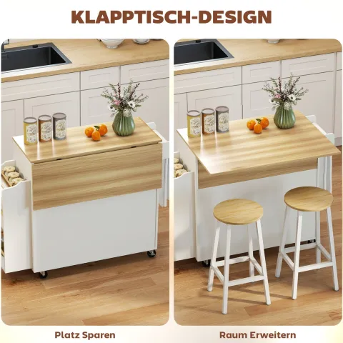HOMCOM Kücheninsel Küchenwagen auf Rollen mit abklappbarer Arbeitsplatte, Küchenschrank mit Schublade Gewürzregal Ablage Handtuchhalter, Servierwagen Rollwagen für Küche und Esszimmer 120x68x85cm Weiß